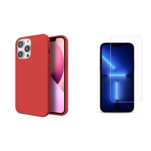 Slim Silicone Case and Glass Screen Protector for iPhone 14 Pro Max - Red