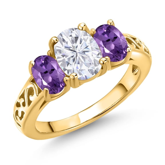 Gem Stone King 18K Yellow Gold Plated Silver White Moissanite and Purple Amethyst Filigree Style 3 Stone Ring for Women (2.40 Cttw, Oval 8X6MM and 6X4MM) (Size 6)