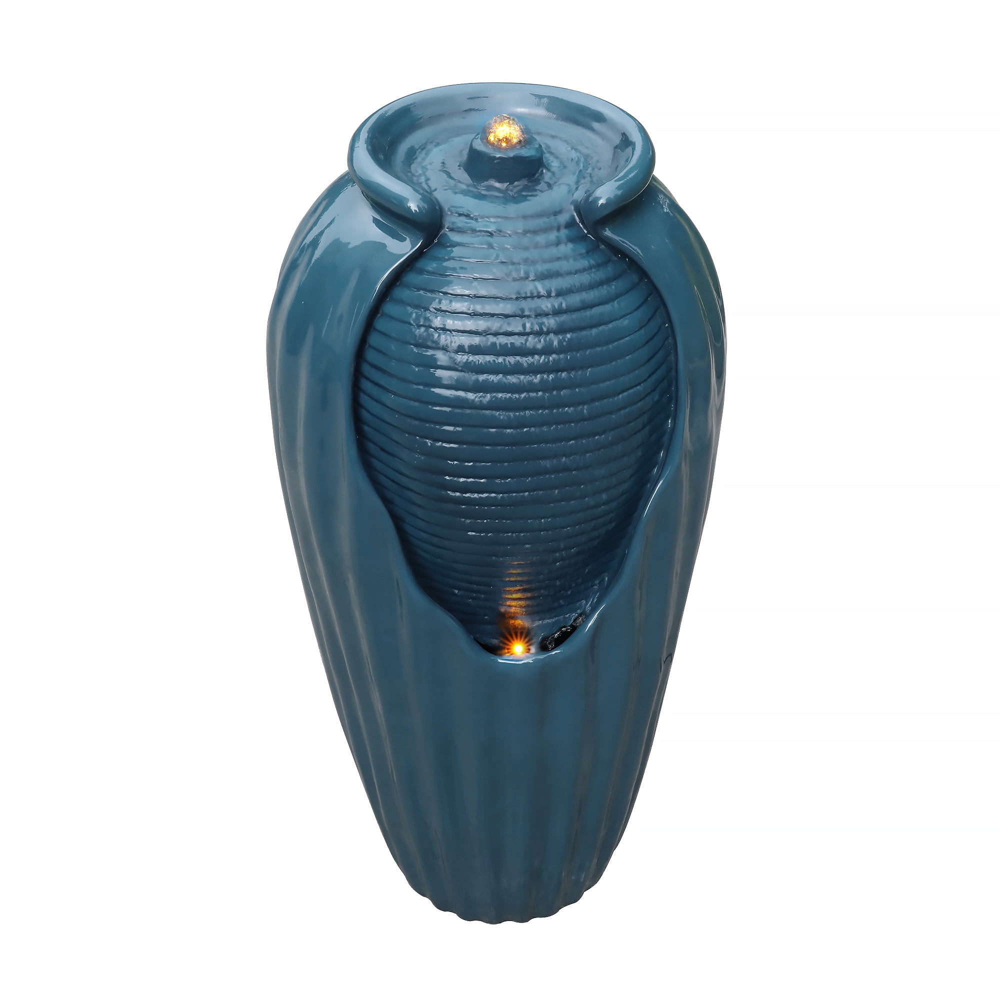 Teamson Home Indoor/Outdoor Contemporary Glazed Contoured Vase Water Fountain with LED Lights, Blue