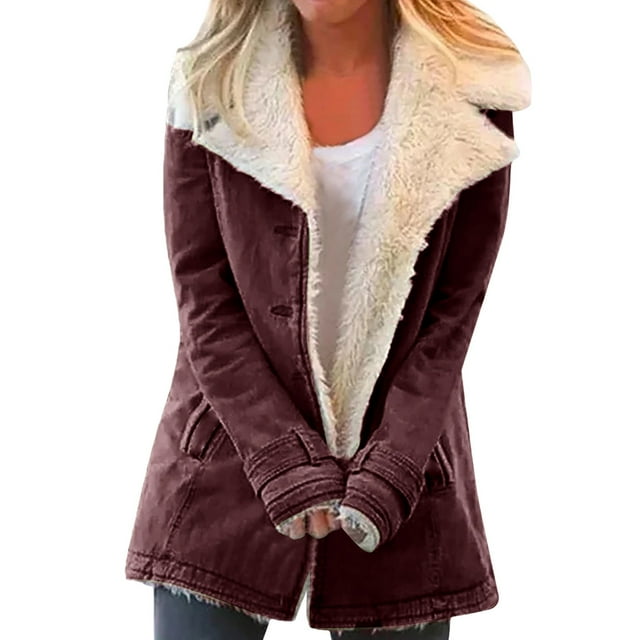 Winter Warm Fleece Lined Jackets For Women Plain Color Jacket With Pockets Button Coats Outerwear