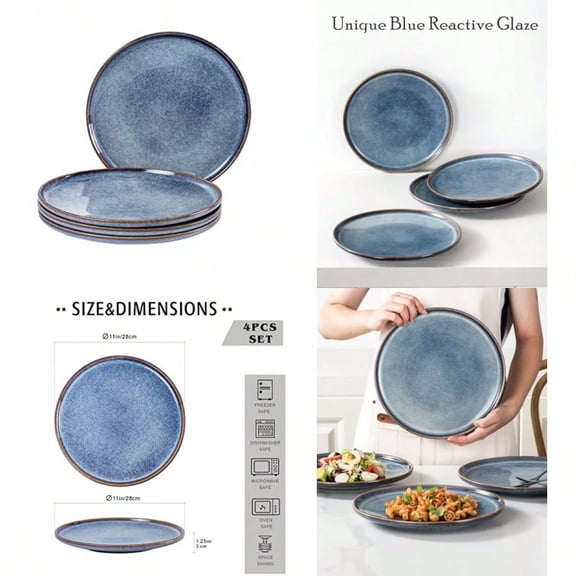 11 Inch Ceramic Dinner Plates Set of 4 Large Blue Plates for Dinner Salad Dert Pasta Durable Serving Dishes Microwave Dishwasher Safe