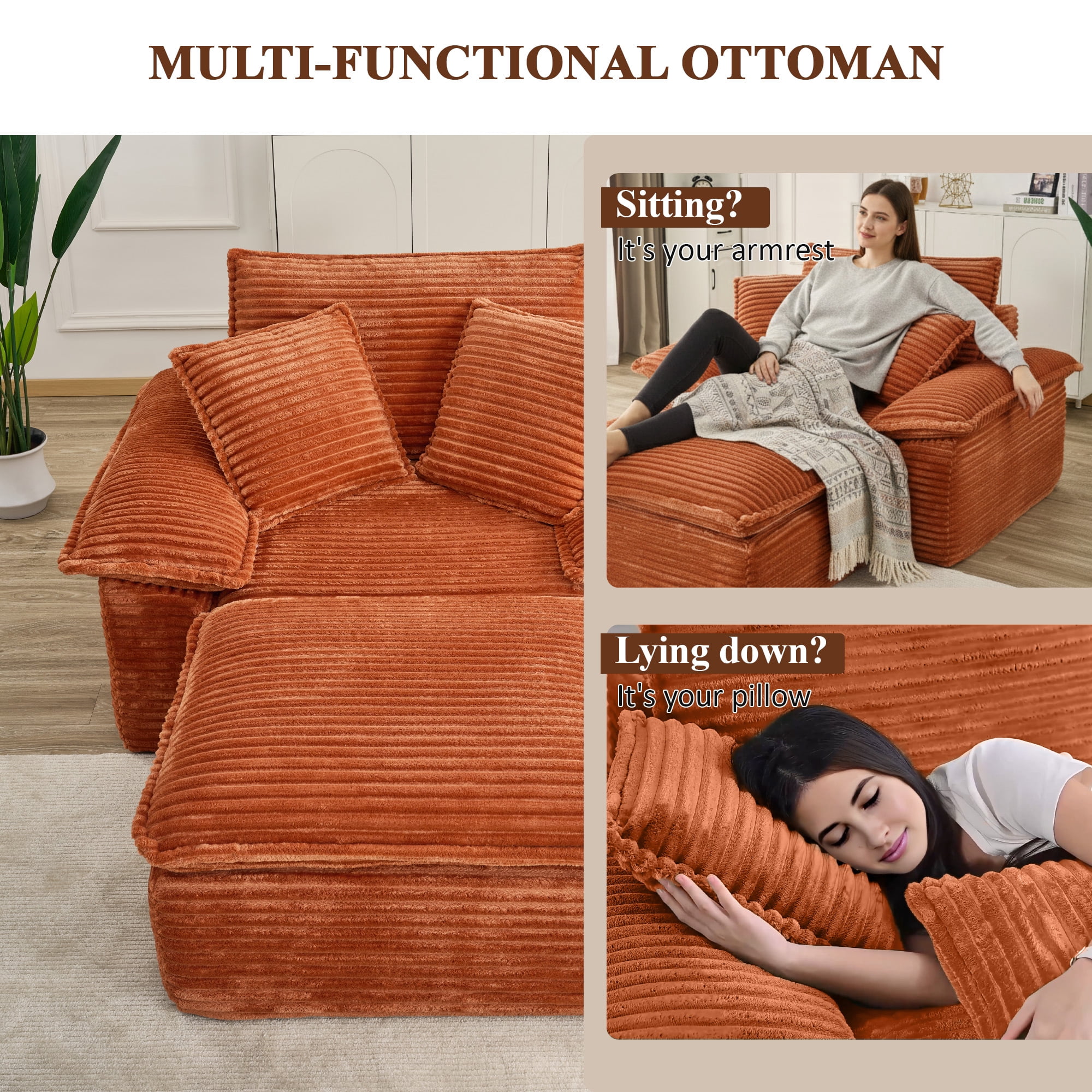 Aukfa 63.5" Oversized Chaise Lounge Sofa with Movable 2-Layer Ottoman, Deep Seat Boneless Couch, Corduroy Lounge Chair, Orange