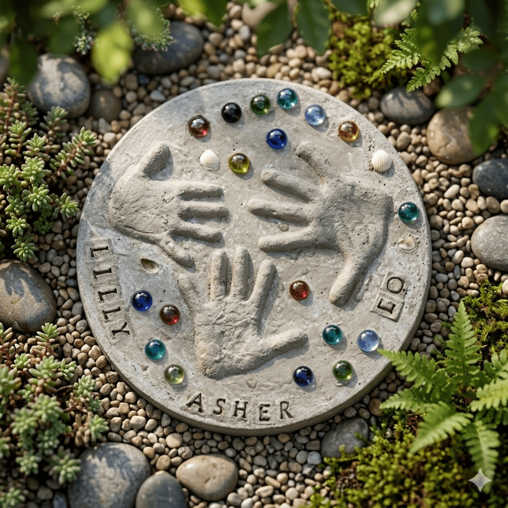 DIY Stepping Stone Kit for Kids - Personalized Handprint, Footprint & Pet Paw Keepsake Maker - All-in-One Cement Craft Mold Set with Gems for Garden Decor, Family Activities & Gifts