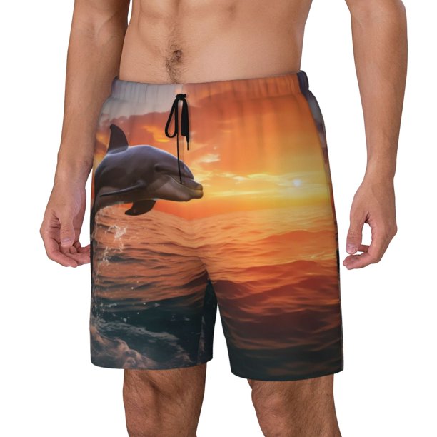 Fotbe Sunset Dancing Dolphin B Traje de Baño para Hombre – Shorts de Natación de Secado Rápido con Forro y Bolsillos-Large