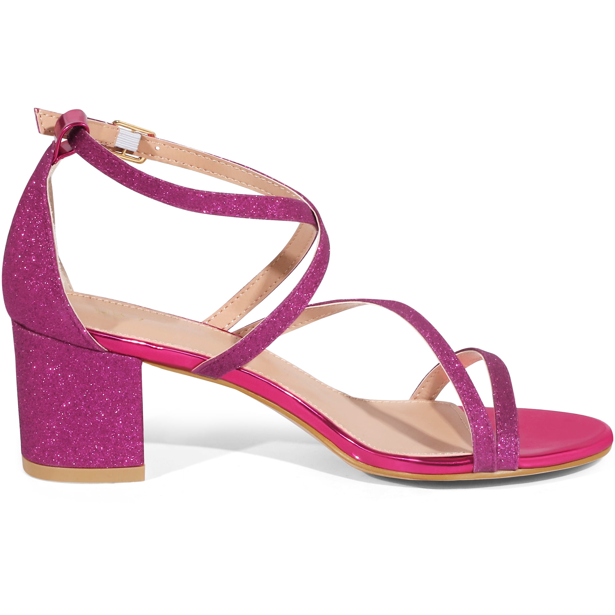 DARING DIVA Women's Glitter Crisscross Strap Chunky Heels Sandals Hot Pink 6