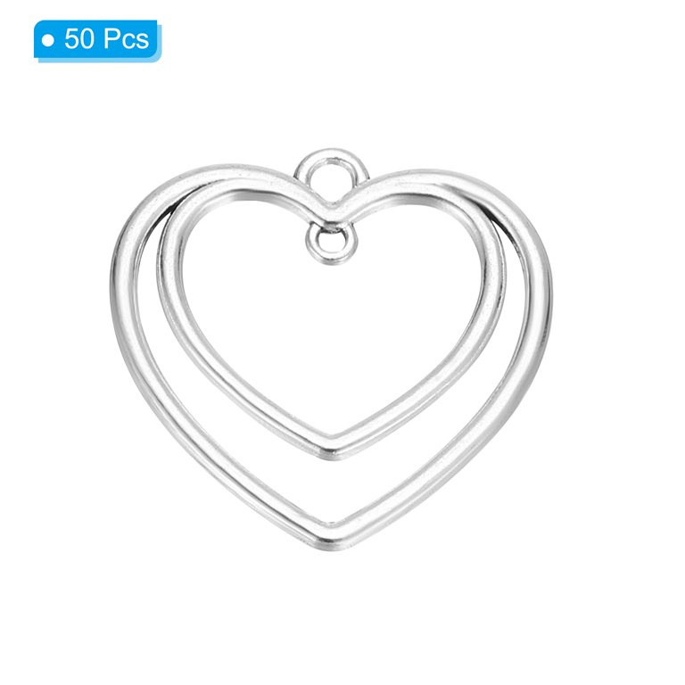 PATIKIL 50-Piece Alloy Silver Open Bezel Pendants - Double Heart Charm Blanks For DIY Jewelry Making