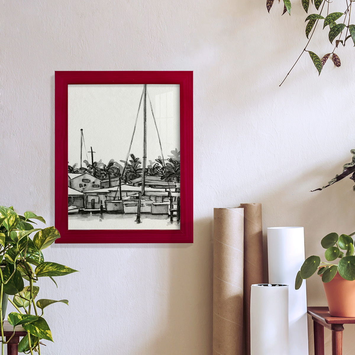 Neutral Tropics III - Framed Print w/glass - Cherry Red