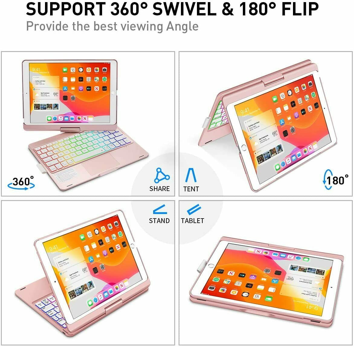 Kvago For iPad 10.2 inch 9th 8th 7th Keyboard Generation Case,with Touchpad Backlit Keyboard,Auto Sleep/Wake Function,Built-in Pencil Holder,Rose gold