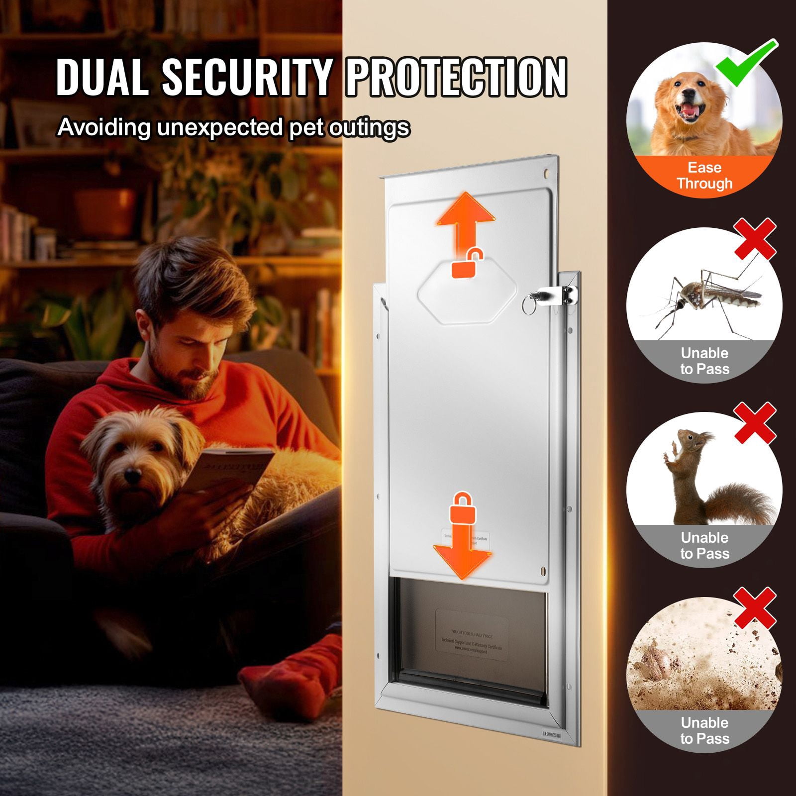 Flap Pet Door, Aluminum Alloy Frame with Frosted PVC Door Flap, Fits Door Thickness 1.06"-2", Locking Mechanism, Magnetic Closure, for Dogs & Cats, White Frame with Tawny Flap