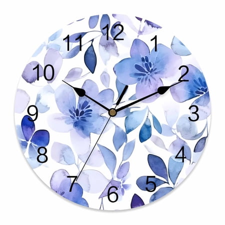14 Inch Blue Purple Wall Clock, Pansy Flowers Abstract Watercolor Ombre Petals Battery Operated Silent Non Ticking Clocks, Easy to Read Round Wall Clock for Kitchen/Living Room/Bedroom/Bathroom