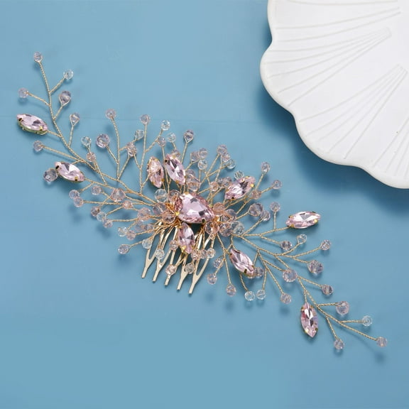Nvzi-c Bridal Flower Wedding Hair Pins Crystal Pearl Hair Combs Clips Headpiece Gold Wedding Hair Accessories Jewelry with Rhinestone for Brides Bridesmaids Women (Pink)