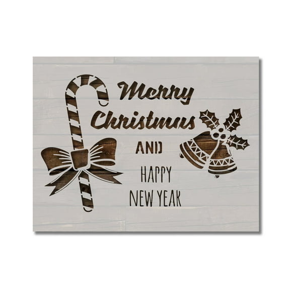 Merry Christmas Happy New Year Bells Candy Cane Stencil Template Reusable 8.5 x 11 Inches for Painting on Walls, Wood, Arts and Crafts by Stencilville