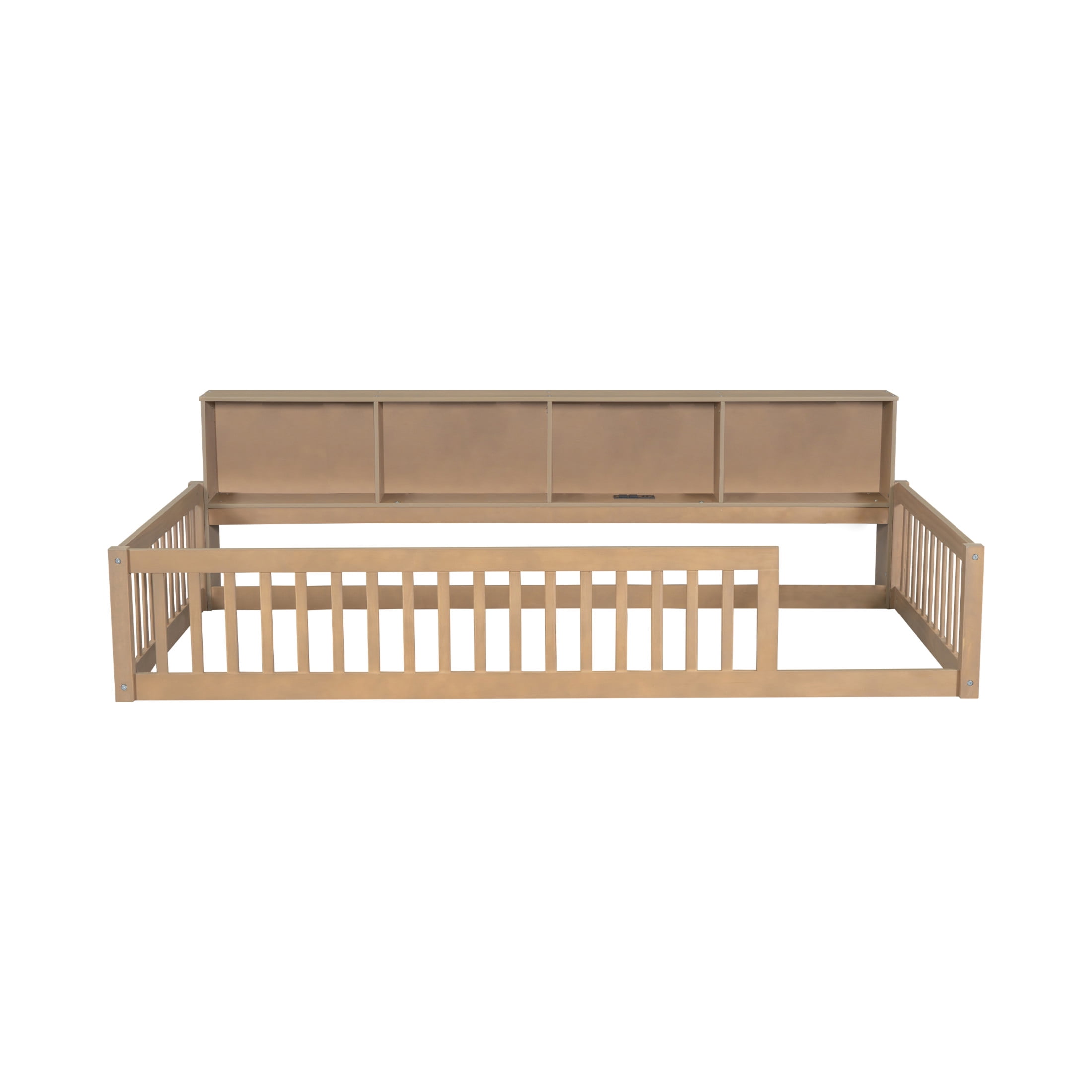 Noble House Twin XL Wood Floor Bed with Storage Cabinets and USB Charging Station, Space Saving Design, Brown