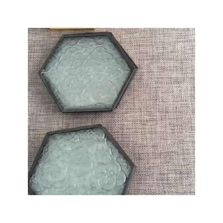 Hexagon Glass Coaster for Drinks, Cup Coaster with Carved Glass Stylish for  Coffee Tea Wine Coasters for Bar with Brass Edge 