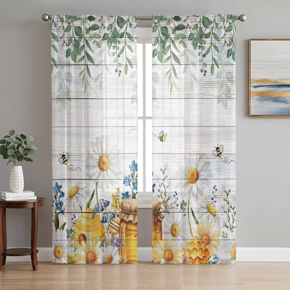 Sheer Curtains 63 Inch Length 2 Panels Set for Bedroom, Daisy Spring Floral Semi Sheer Curtains for Windows, Farmhouse Botanical Green Leaves Wooden Voile Window Treatments Rod Pocket Curtain