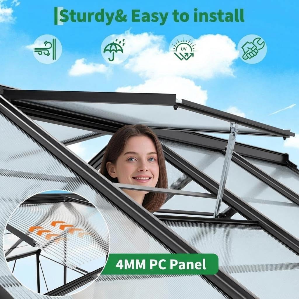 6x6ft Heavy Duty Walk-in Greenhouse, Aluminum Frame & Twin Wall Polycarbonate Panels, Ventilated with Rain Gutter System for Backyard & Patio Gardening