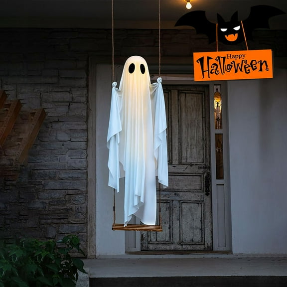 Halloween Decorations Outdoor - 5 FT Large Hanging Swing Halloween Ghost Decor with String Lights - Spooky Cute Ghosts Decorations for Front Porch Yard Tree