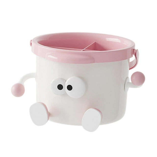 Organizador de escritorio con 4 compartimentos para maquillaje, marcadores y tijeras. blanco y rosa