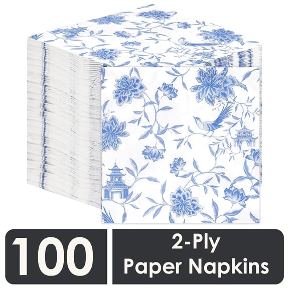 Table Kind 100 x Soft Blue Chinoiserie Napkins for Decoupage Pretty Napkins for Birthdays, Decorative Floral Serviettes for Weddings, Spring, Tea Party, Compostable Eco Friendly -British Company