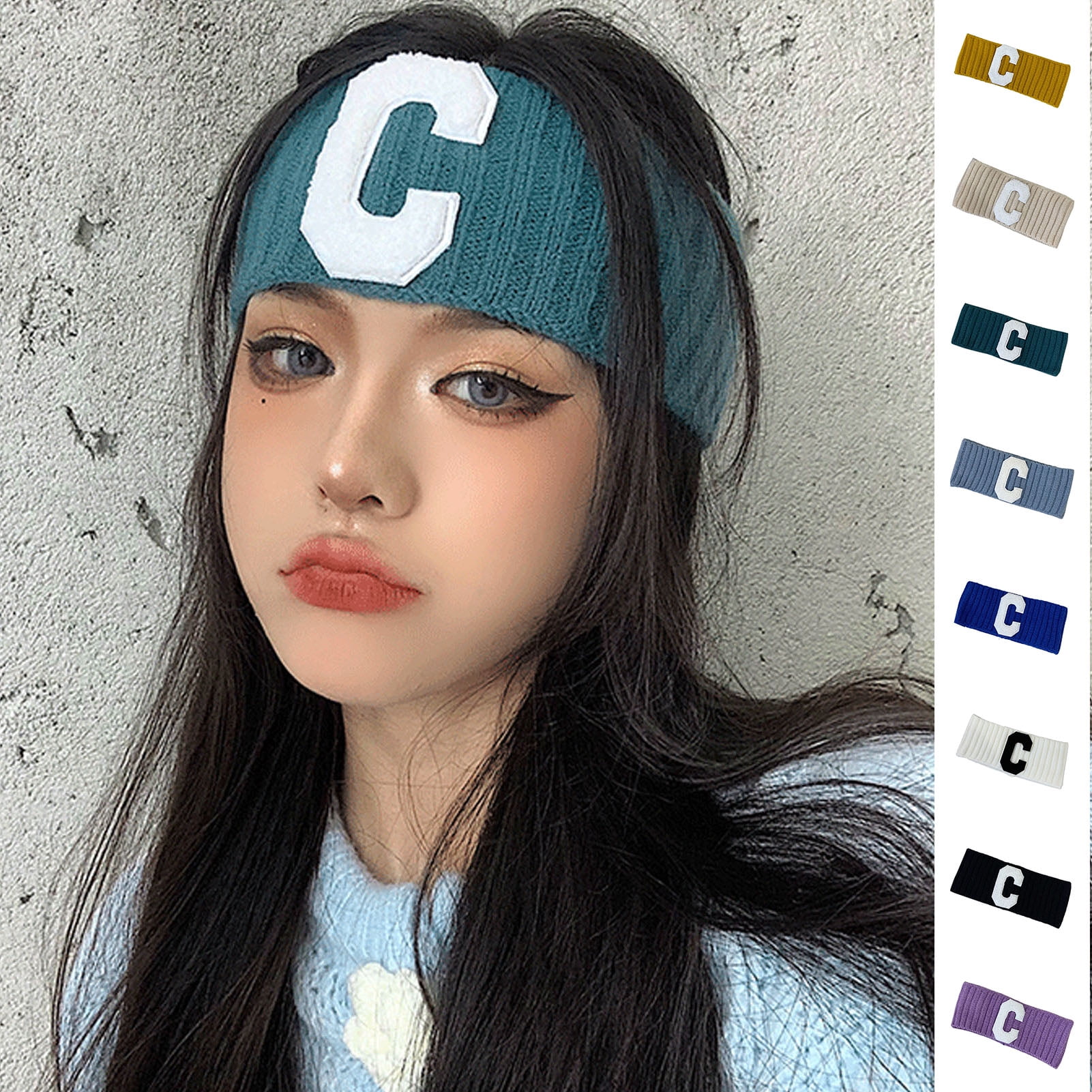 Archer Thin Type Ribbed Warm Girl Hairband Letter C Print Wide Sports