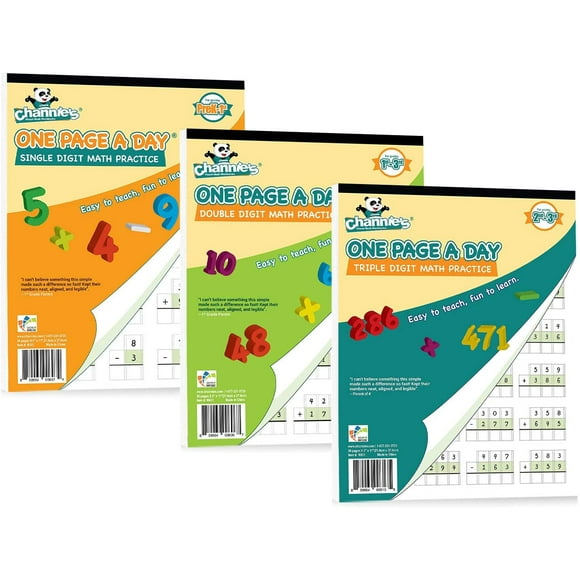 Channie’s One Page A Day Single, Double, Triple Digit Math Practice Worksheets 3 Pack! Grades 2-4th Size 8.5” x 11”