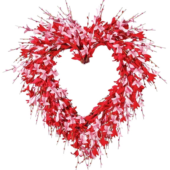 JEWLALO 19" Heart Shaped Valentine's Day Wreath, Pink & Red Foam Forsythia Flowers, Artificial Wreath for Front Door, Indoor Outdoor, Anniversary Wedding Decor