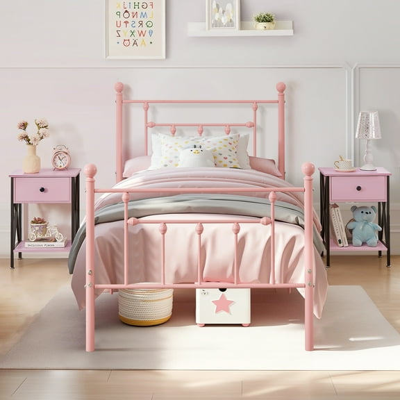 VECELO 3-Piece Bedroom Set, Twin Size Metal Bed Frame and 2 Nightstand, Pink