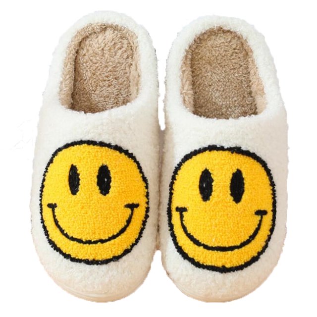 Pantuflas de felpa con cara sonriente cómodas y cálidas para el hogar, pantuflas de felpa con espuma viscoelástica, pantuflas acolchadas para el hogar, talla 2, color blanco