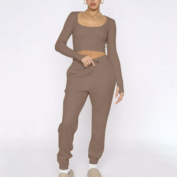 DailyTrove Women's Long Sleeve Square Neck Tracksuit - Solid Color, Slim Fit, Spring & Outdoor Activity Wear,Khaki