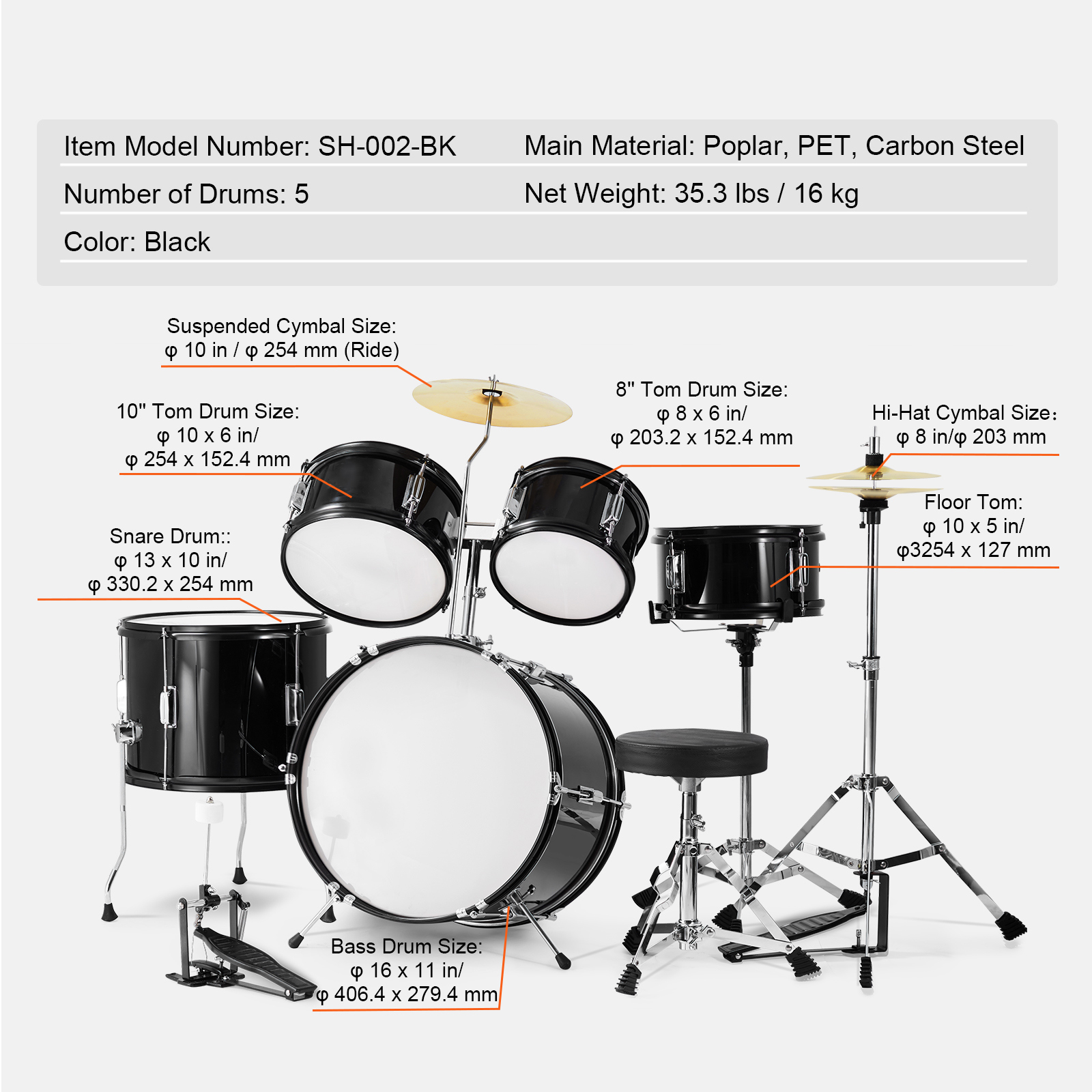 Kffkff 5-Piece Kids Drum Set with Cymbals and Pedal photo 8