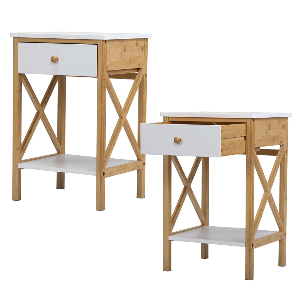Kepooman Bamboo Nightstand Set of 2, Wood Accent Table with Drawer & Storage Shelf for Bedroom, White and Natural Kepooman Bamboo Nightstand Set of 2, Wood Accent Table with Drawer & Storage Shelf for Bedroom, White and Natural