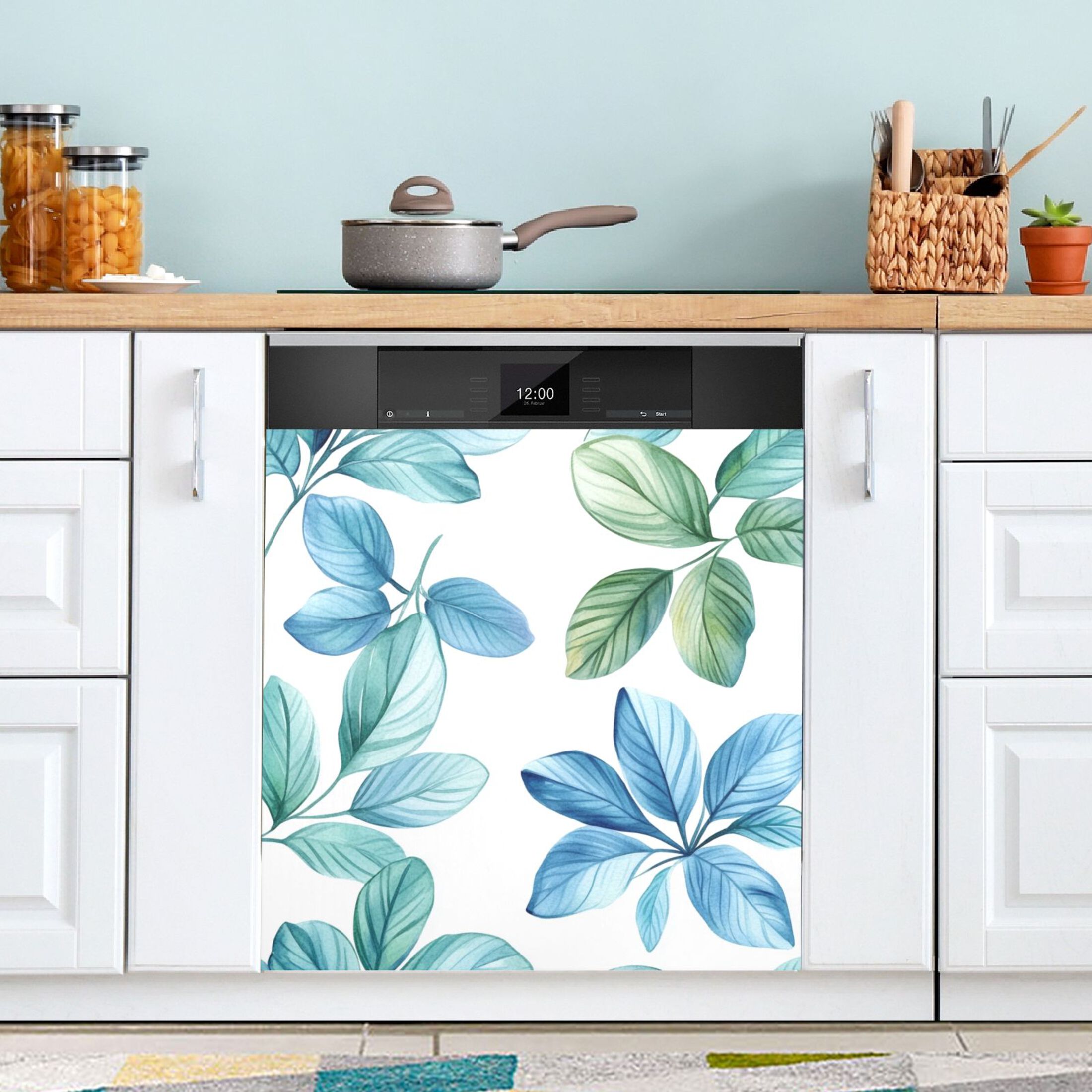 Dishwasher Magnetic Sticker 23x26 Inch Refrigerator Magnetic Sticker Washing Machine Magnetic Sticker Kitchen Panel Magnetic Sticker Home Decor Colorful Blue Leaf