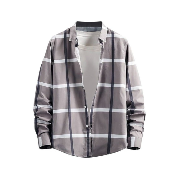Honeeladyy Men's Checkered Shirt Slim Fitting Long Sleeved Lapel Casual Cardigan Bottom Shirt Blouse