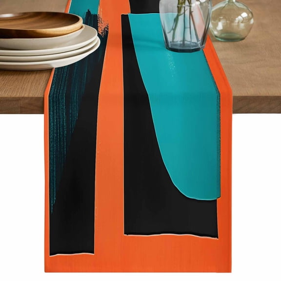 Table Runner Watercolor Orange Teal Black Geometric Soft Linen Style Table Runner Cloth Abstract Style Dining Table Decor for Kitchen, Dining Room, Parties, Holiday & Everyday Use 13x36 Inch