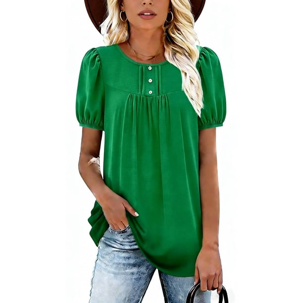 TaTaai Spring Summer Solid Color Puff Sleeve Top for Women Round Neck Short Sleeve Front Pleated Blouse Loose Fit Casual Comfy Daily Beach Vacation Outfits Gift