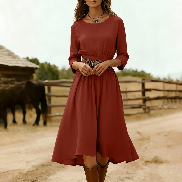 Vetsdori Womens Long Sleeve Midi Dresses Semi Formal Dresses Cotton and  Linen Outfits Wrap Crew Neck,Solid Color Dress for Junior Lightweight