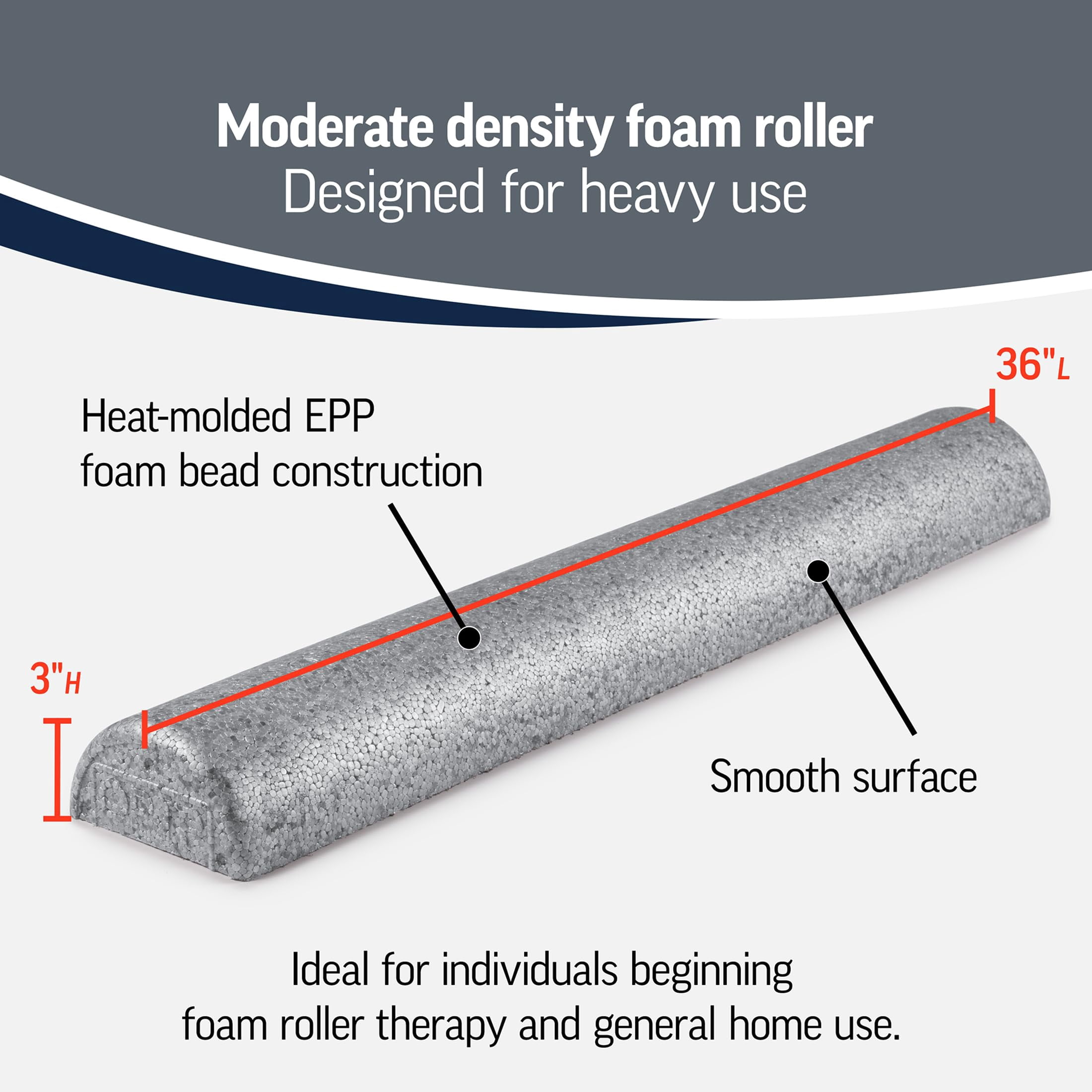 OPTP Silver AXIS Foam Roller - Moderate Density, Eco-Friendly, Durable Foam Roller for Physical Therapy and Exercise, Deep Tissue Muscle Relief, and Workout Recovery (36" x 3" Half-Round)