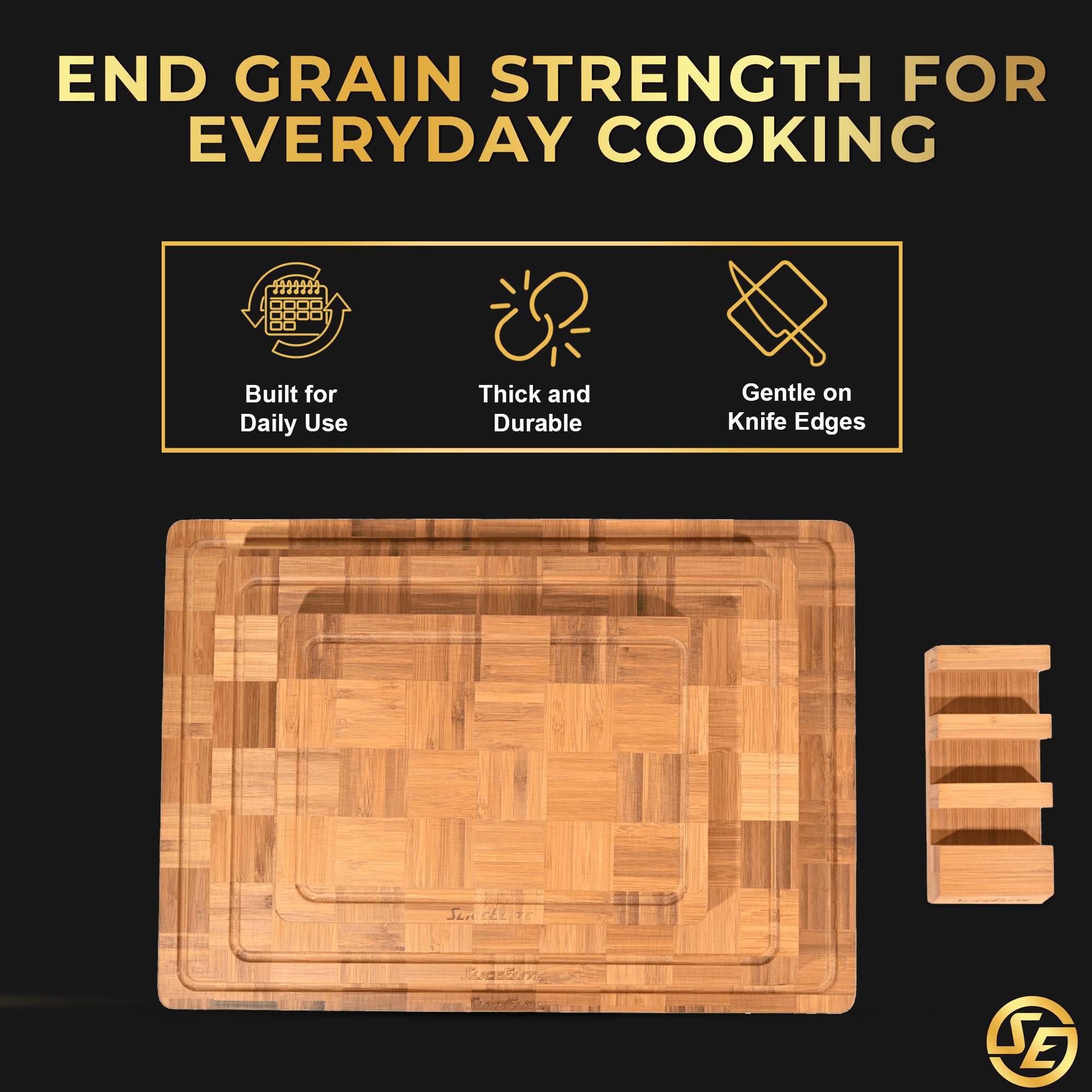 SliceElite 3-Piece Extra Large End Grain Bamboo Cutting Board Set with Holder