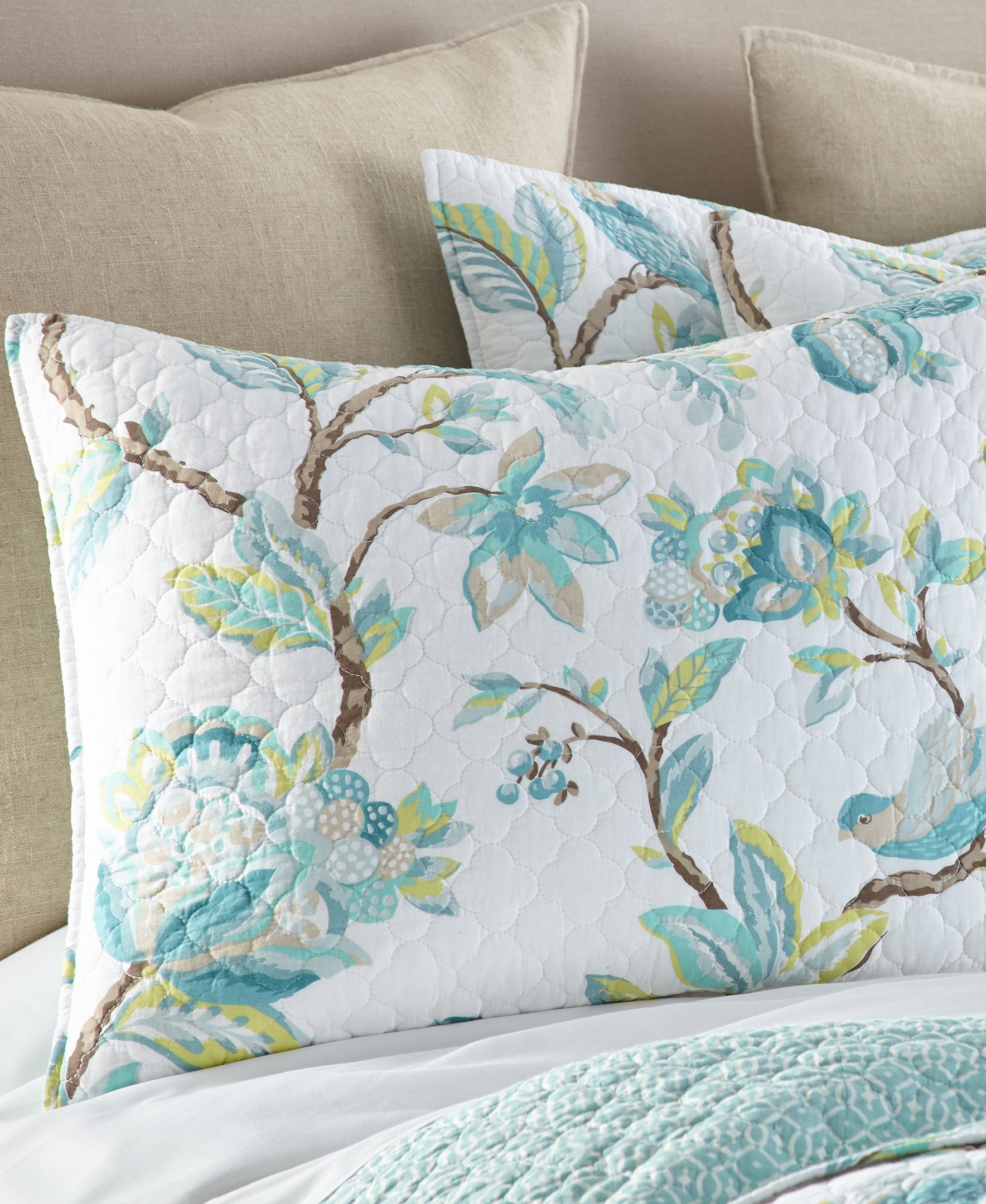 Levtex Home - Cressida Quilt Set - Queen Quilt + Two Standard Pillow Shams - Teal Blue Cream Taupe Brown - Quilt (88x92in.) and Pillow Shams (26x20in.) - Reversible - Cotton Fabric