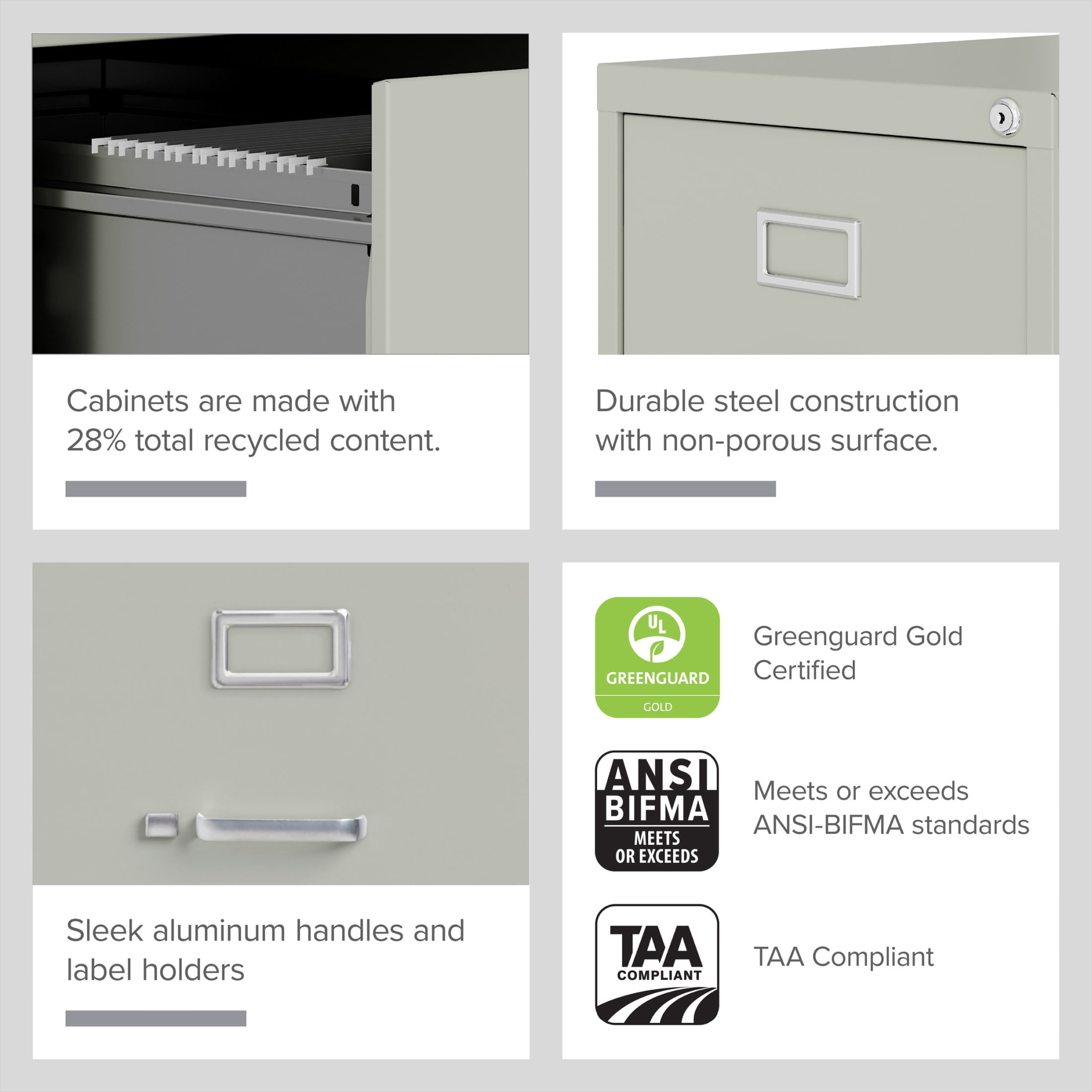 Hirsh Pro 4 Drawer Letter Locking Metal Vertical File Cabinet, 25" Deep, Gray