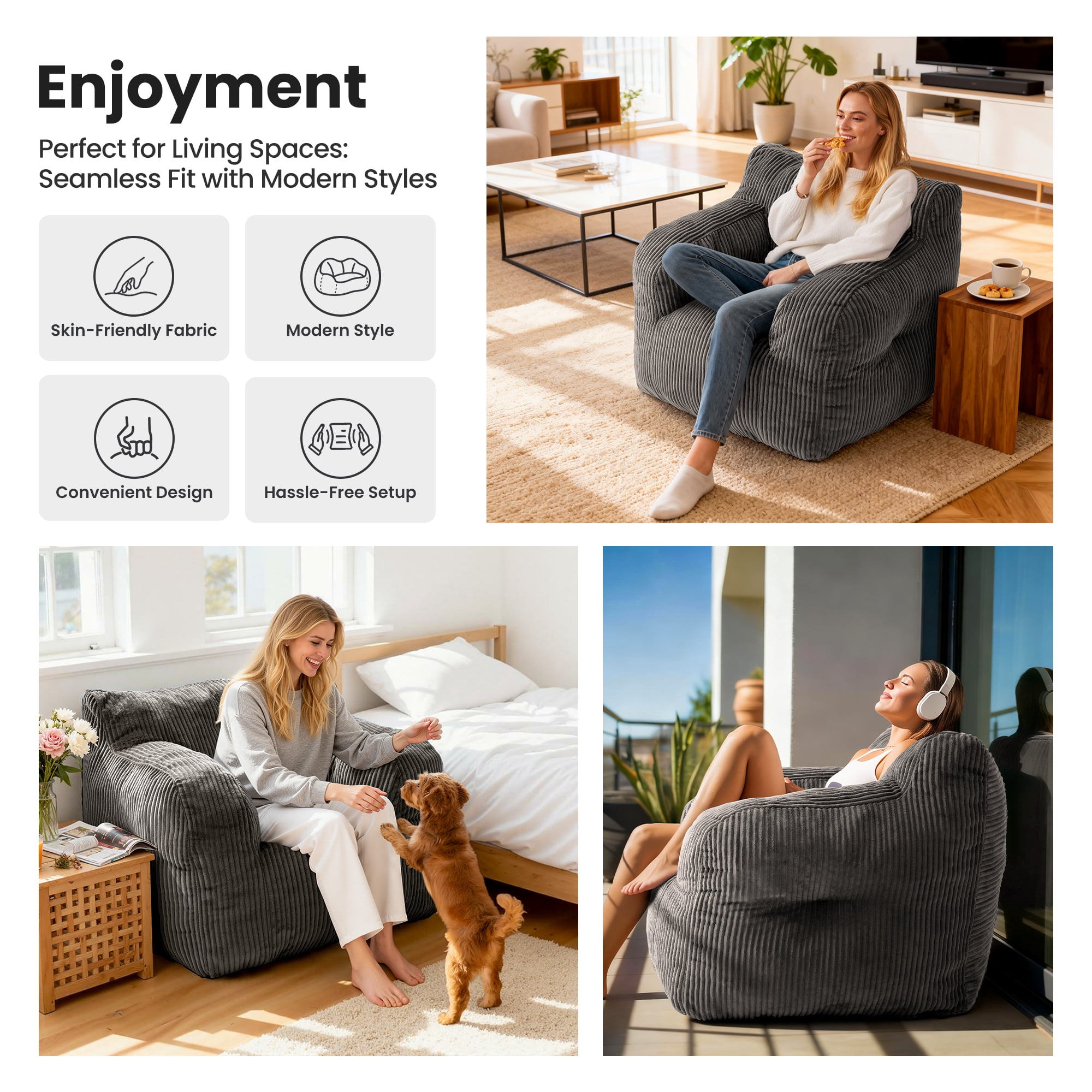 PamapicLife Bean Bag Chair Home Adult Solid Solo Color Regular Foam Filled and Corduroy Indoor and Contemporary Style Bean Bag Chair with Manual, Gray
