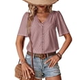 thumbnail image 1 of Blusa holgada de verano para mujer con escote en V, ojales y detalle de botones, mangas cortas, rosa, talla L, 1 of 6