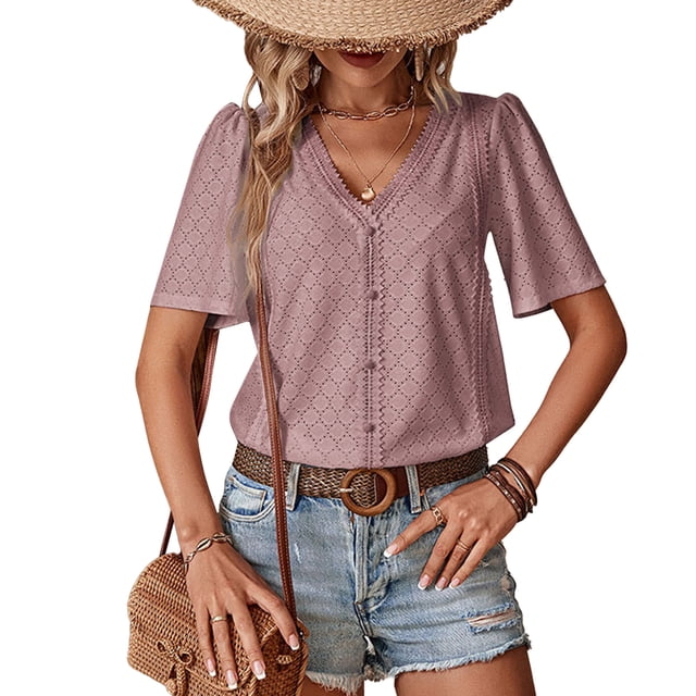 Blusa holgada de verano para mujer con escote en V, ojales y detalle de botones, mangas cortas, rosa, talla L