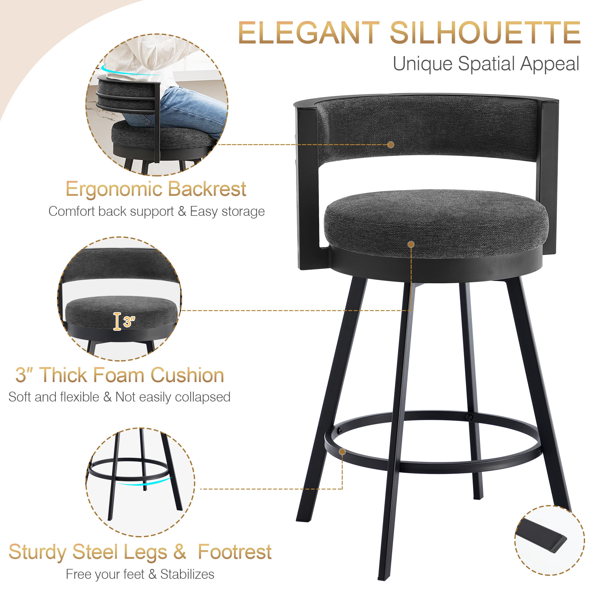 Zesthouse 26.6″ Swivel Bar Stools Set of 2, Linen Upholstered Counter Height Chairs with Barrel Back Metal Legs, Modern Barstools for Kitchen Island, Dark Gray