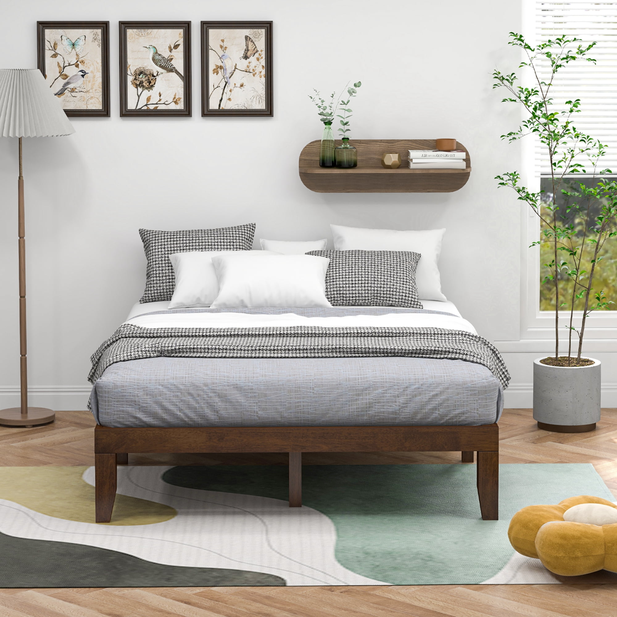 Costway Adult Queen Modern Rubber Wood Platform Bed, Brown Cherry