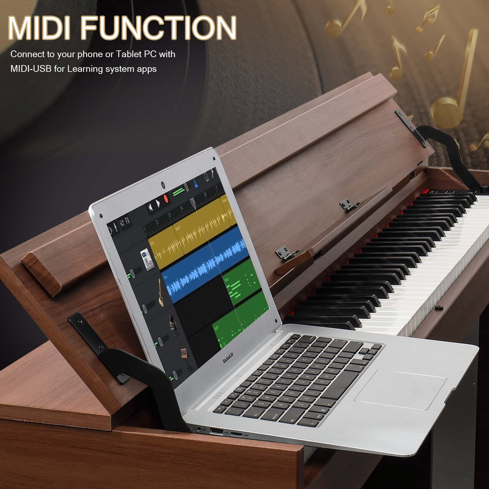 Glarry 88 Key Full Weighted Digital Piano with Furniture Stand, Audio and MIDI Bluetooth, Triple Pedals, Headphone, for All Levels Beginner Dark Brown