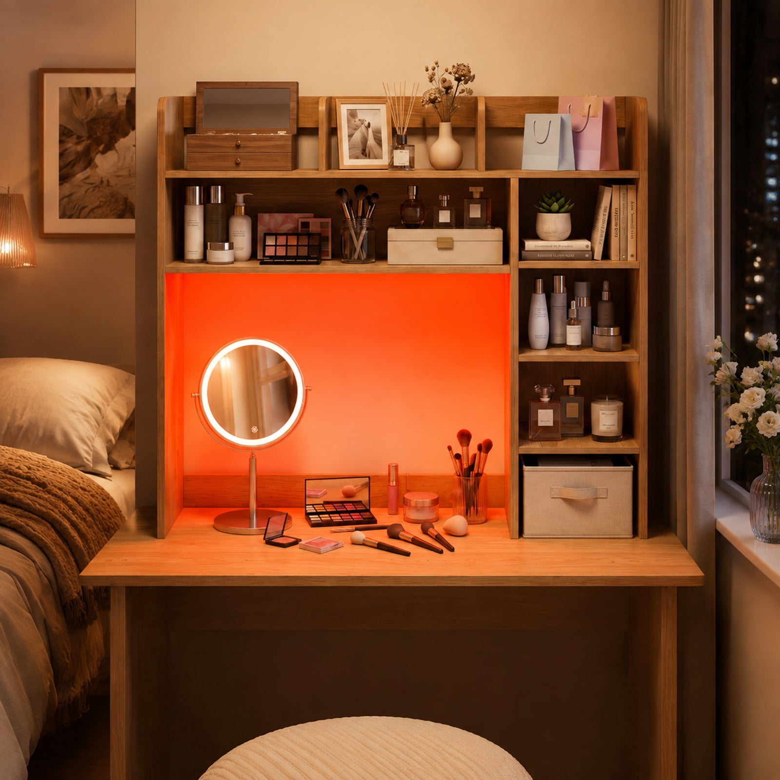 Furnibear Desktop Bookshelf with LED Lights 35.5 Inch Wood Desk Hutch Storage Organizer with Adjustable Shelves and Remote, Natural