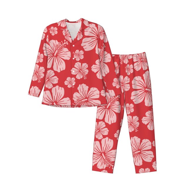 Balery Red Hibiscus Flower Pijama para Hombre de Dos Piezas con Manga Larga, Conjunto de Dormir y Descanso Suave con Bolsillos-Large