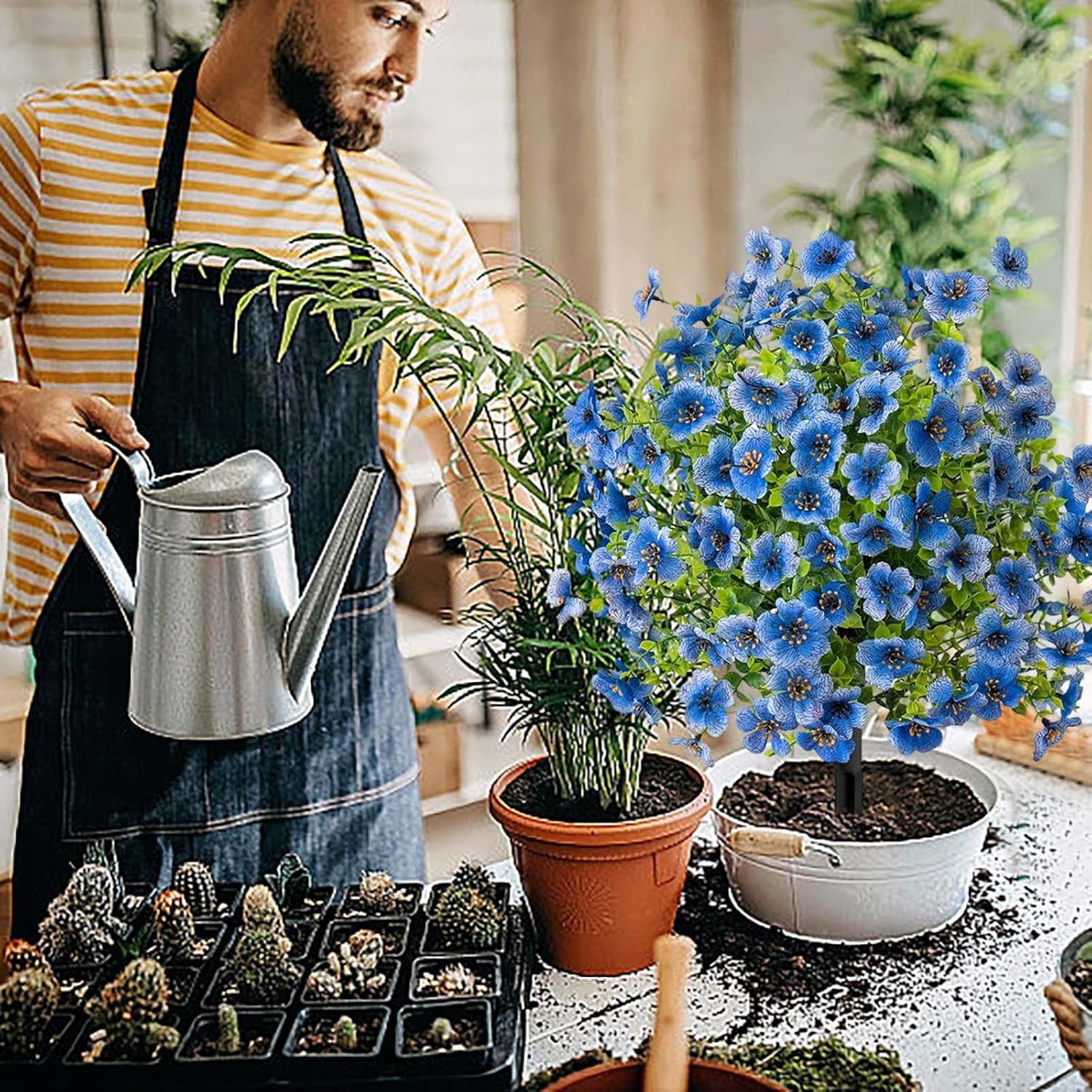 Artificial Flowers with Ground Spikes,Artificial Flowers for Outdoor Garden,UV Resistant & Waterproof,Flower Decor for Yard Lawn Patio Walkway Porch Home (Blue)