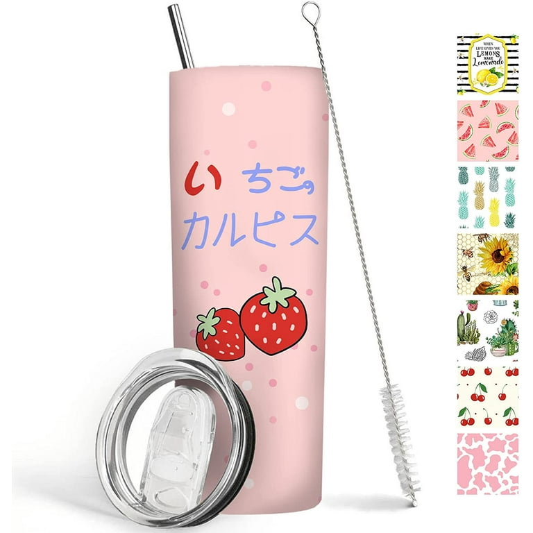 Kawaii Strawberry Tumbler 20 oz Travel Coffee Mug Strawberry Print Skinny  Tumblers with Lid and Straw Stainless Steel Insulated Coffee Cups Gift for